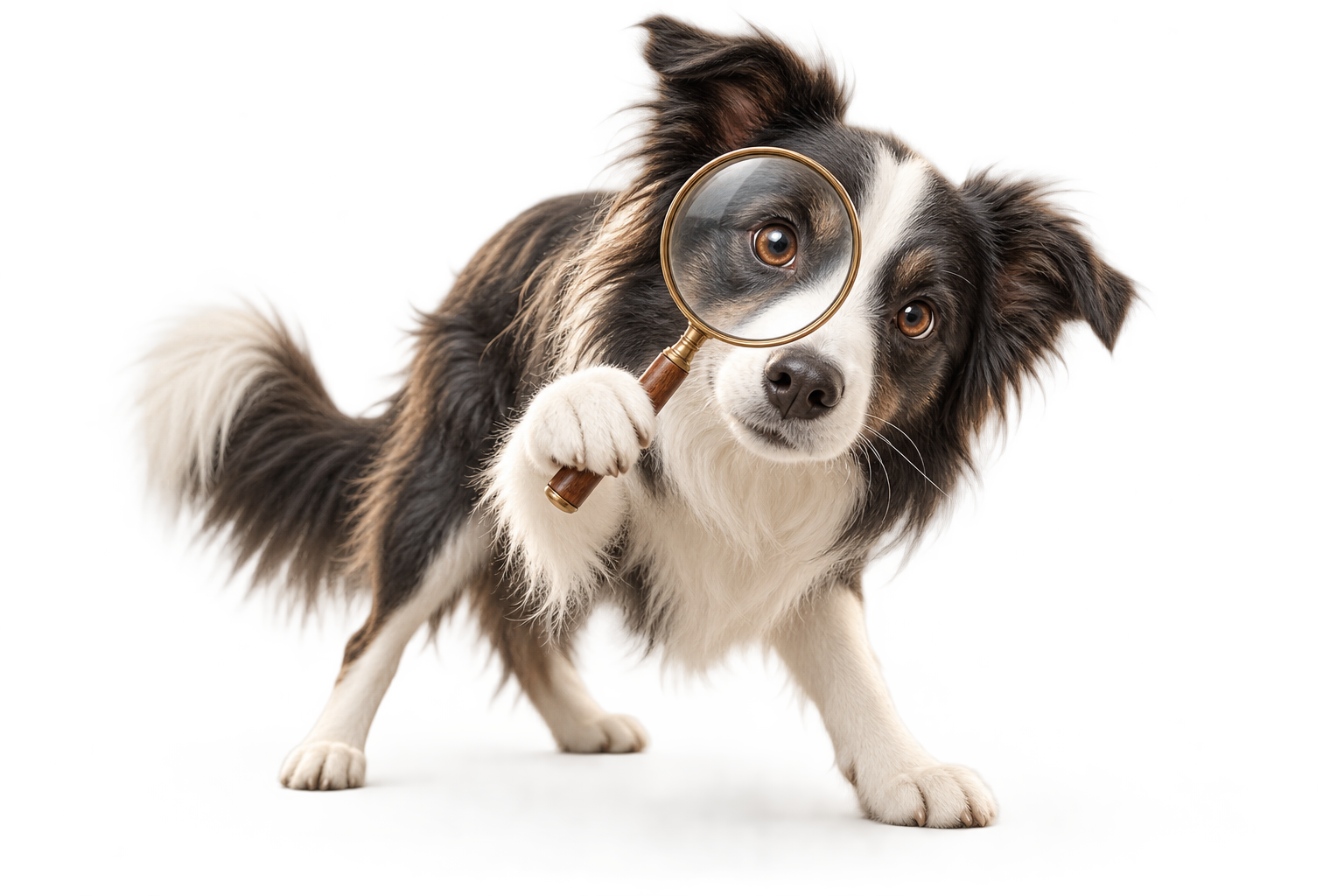 Illustration af en border collie med forstørrelsesglas